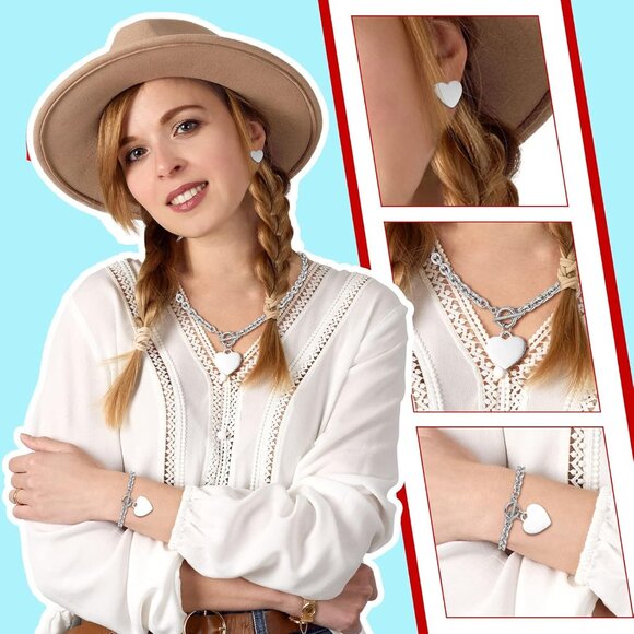 3 Pcs Heart Jewelry Set Heart Pendant Chain Toggle Necklace with Bracelet Earrin - Picture 2 of 7